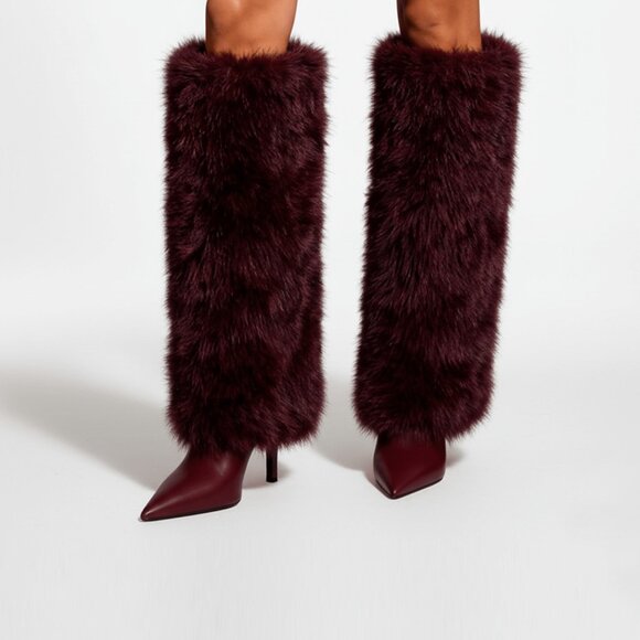 Burgundy Women's Knee High Fuzzy Faux Fur Stiletto heeled Boots - Picture 7 of 8